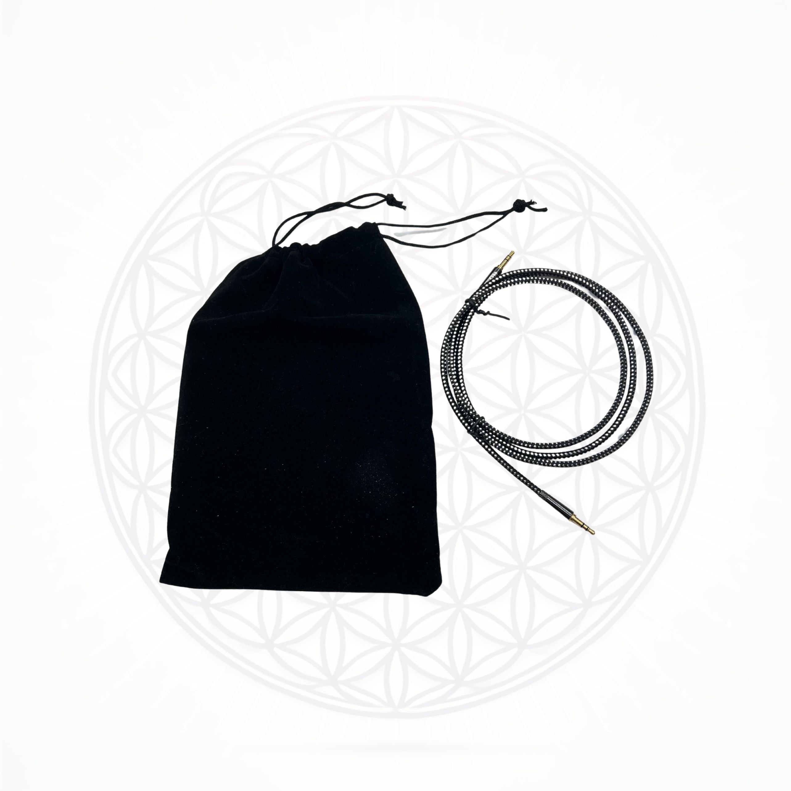 Metatronic Flower of Life Frequency Imprinter with black drawstring pouch and coiled cable by Sacred Ritual Oils